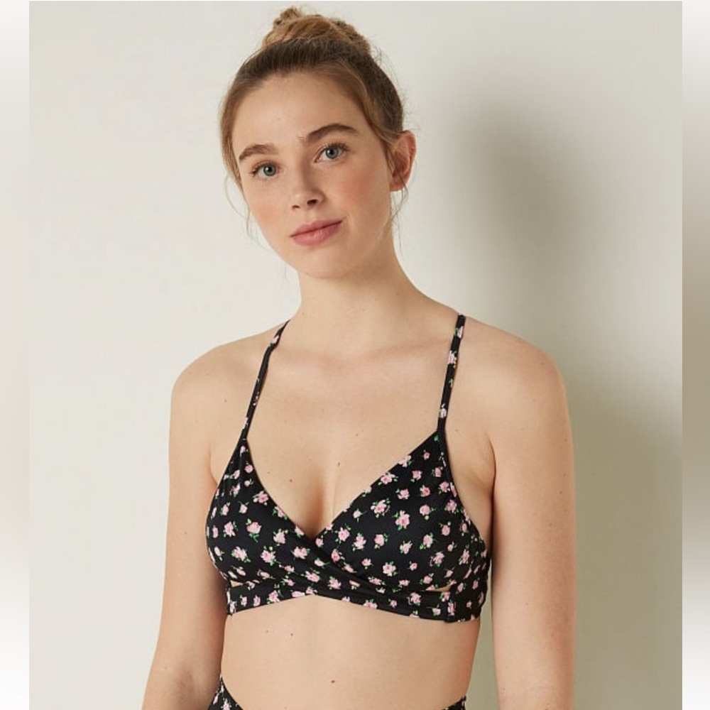 •PINK•NWT PURE BLACK FLORAL BODY WRAP BIKINI TOP SIZE MEDIUM